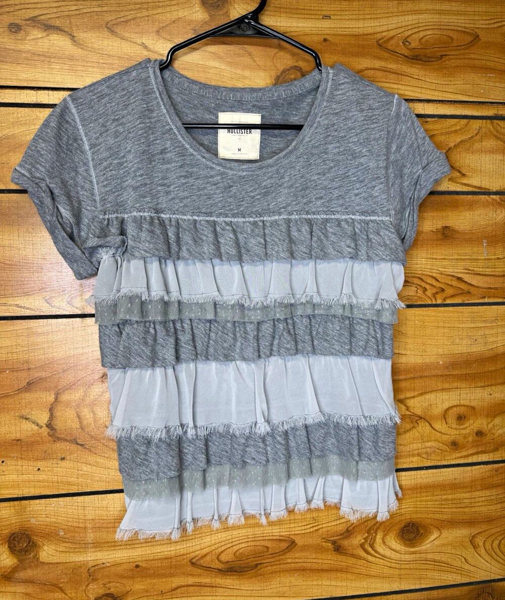 Vintage Y2K Hollister Womens Gray Ruffle Front Cotton T-Shirt Short Sleeve Sz M